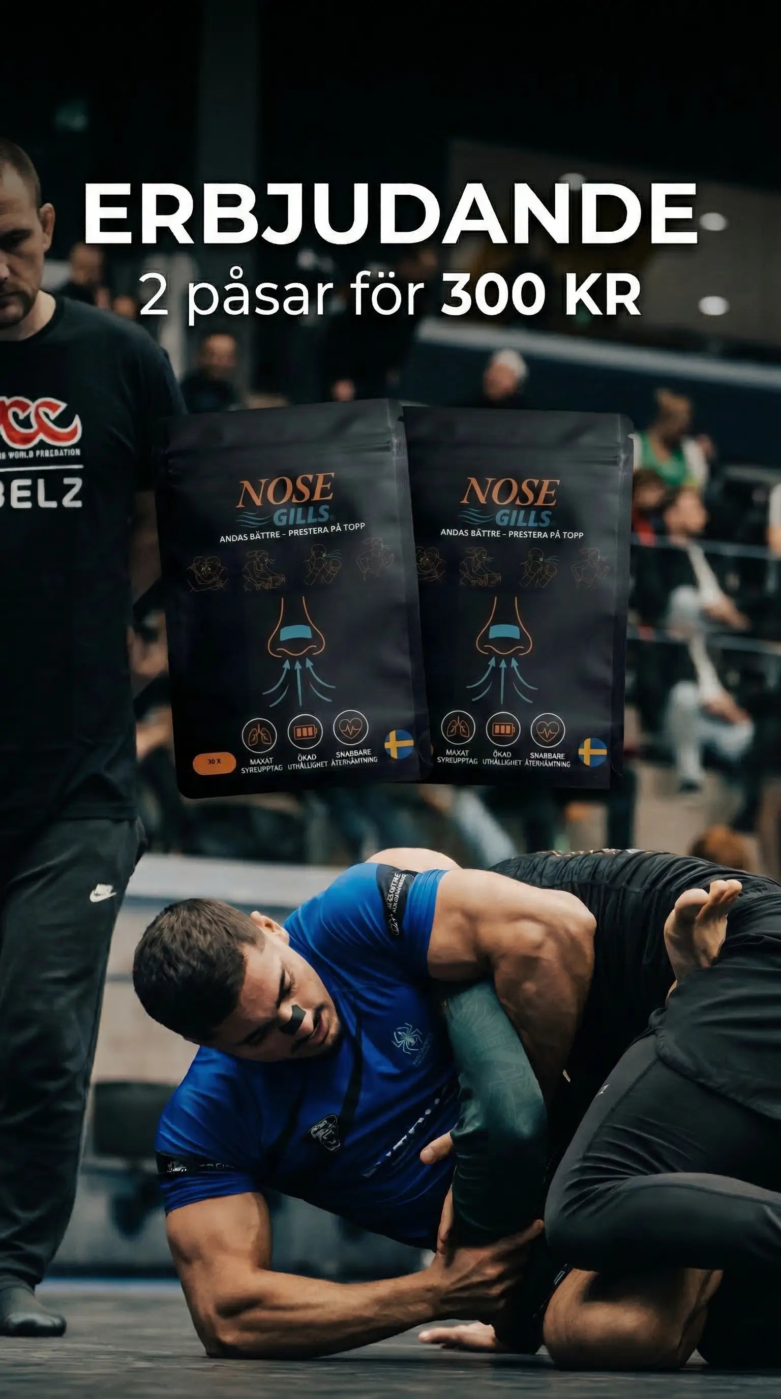 Atlet tävlar i brasiliansk jiu jitsu med näsremsa