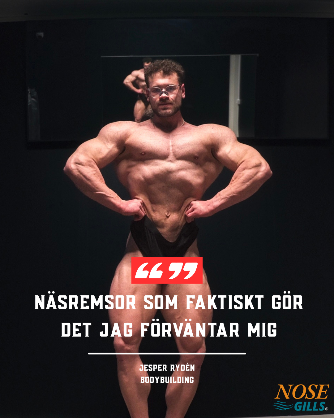 bodybuilder poserar med nose gills näsremsor
